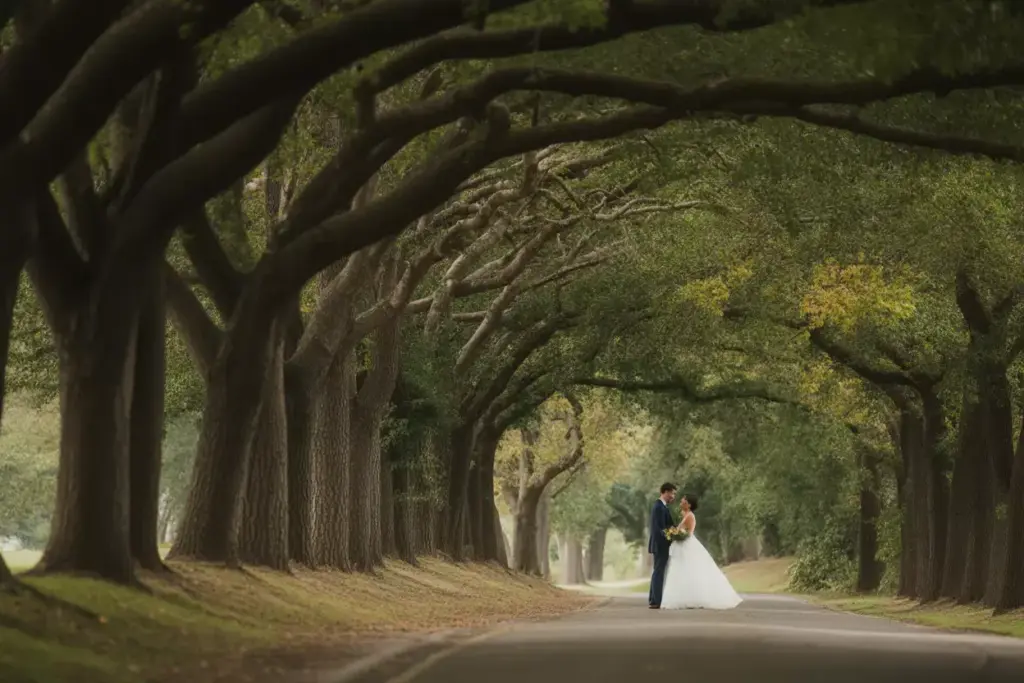 Couple Sharing Romantic Moment On Shaded Cart Path Naturally Framed By Overhanging Tree Branches