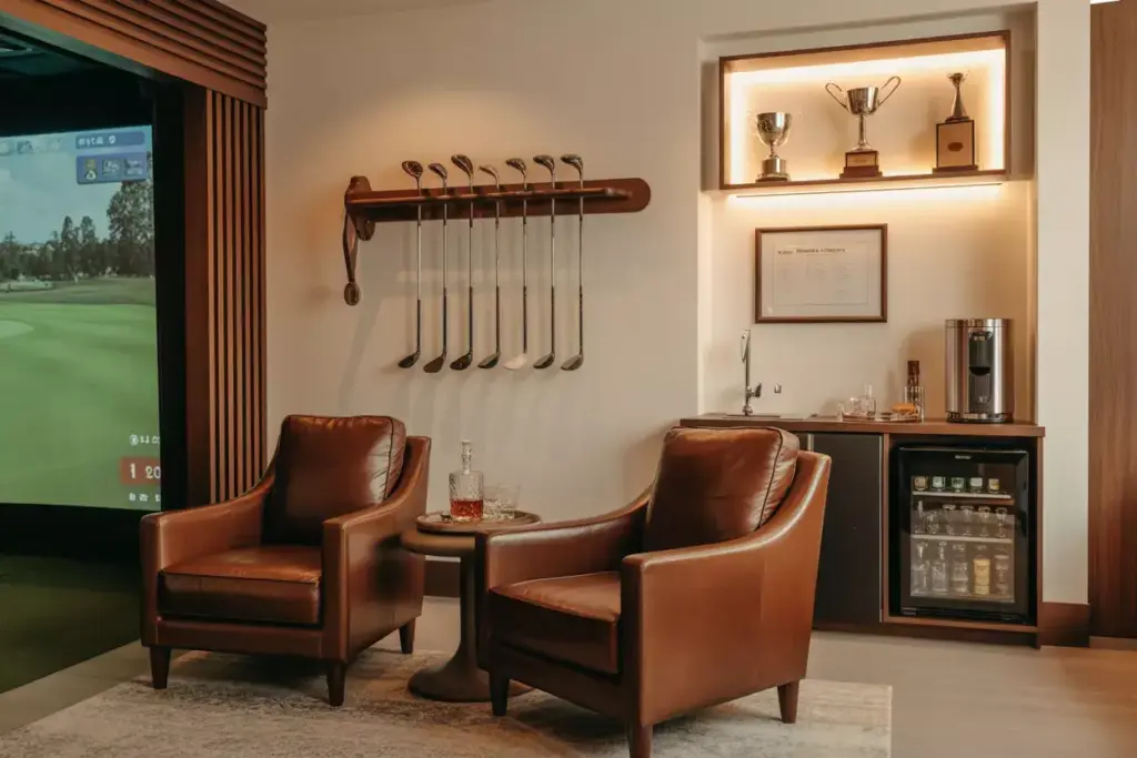 Furniture And Accessories Completing The Club Experience Leather Chairs Custom Club Rack And Wet Bar In Simulator Viewing Area