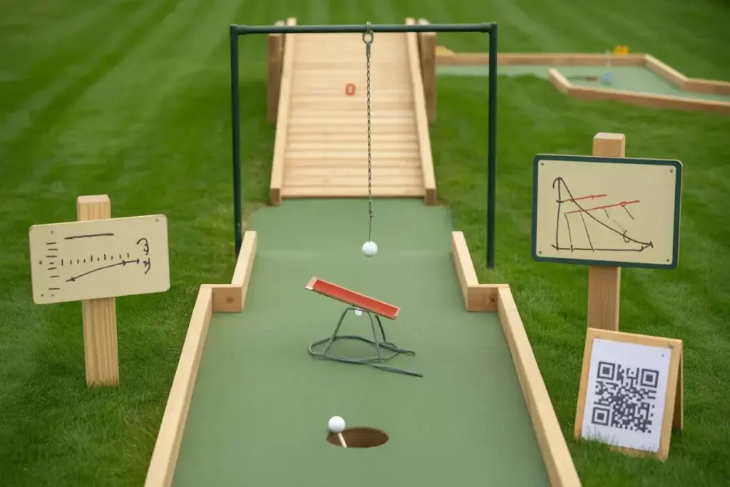 A Stem Educational Mini Golf Hole With A Ramp And Pendulum Obstacle And Diagrams