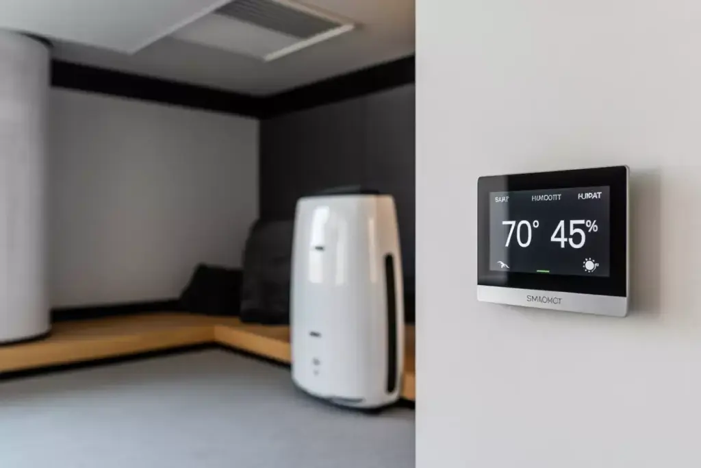 Climate Control And Environmental Factors Smart Thermostat Display Air Purifier And Discreet Vent In Golf Simulator Room