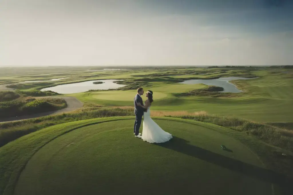 Sweeping Panorama Of Couple On Elevated Tee Box With Dramatic Golf Course Landscape Backdrop