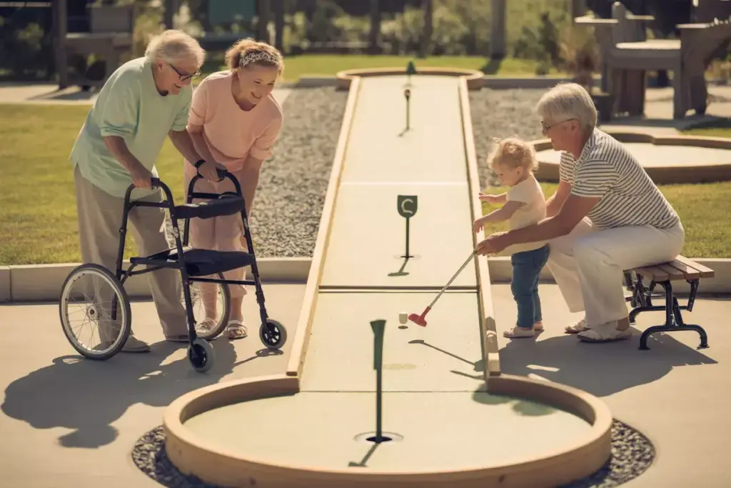 An Accessible Mini Golf Hole With Wide Path And Multiple Tees For A Grandparent And Child