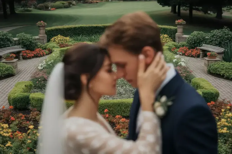 Close Up Intimate Portrait Of Couple In Lush Golf Course Garden With Seasonal Flowers In Bloom