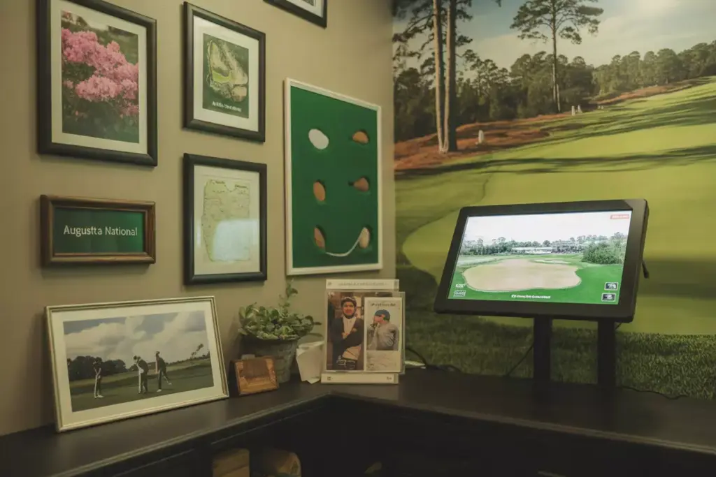 Personalization And Theme Development Augusta National Themed Corner With Memorabilia Botanical Prints And Interactive Course Map