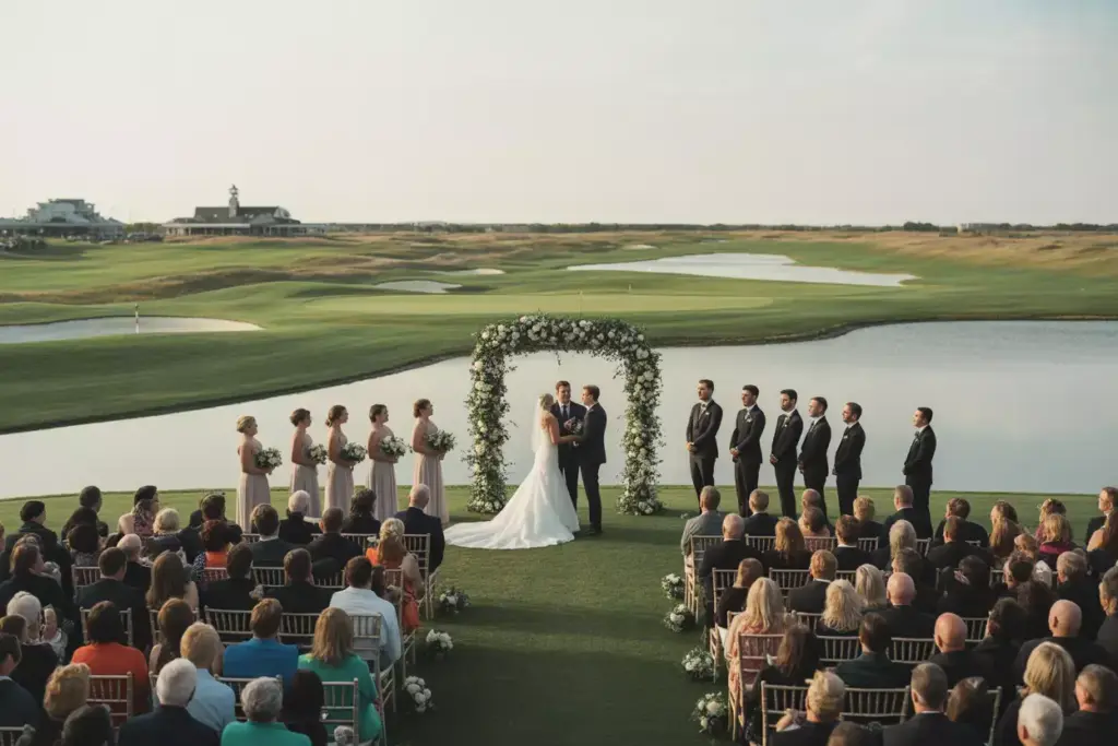 Wide Shot Of Wedding Ceremony Setup On Golf Course With Couple And Guests Against Panoramic Course Backdrop