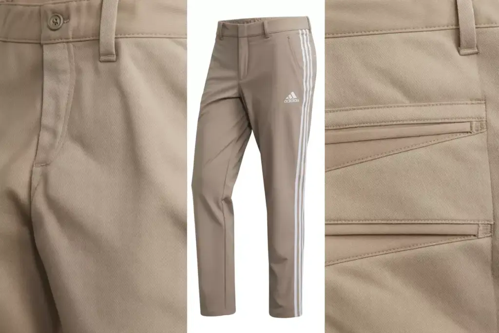 Adidas Ultimate365 3 Stripes Straight Leg Golf Pants Laid Flat Showcasing Classic Design And Reinforced Construction