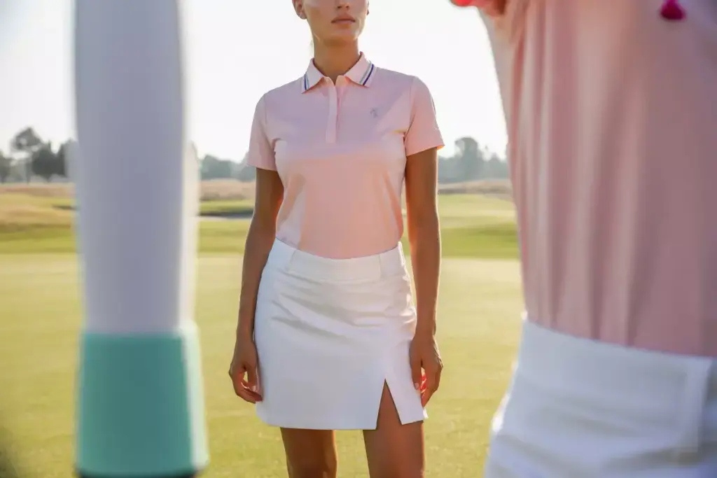 Master Golf Fashion Coordination With Blush Pink Polo And White Skirt On Sunlit Fairway