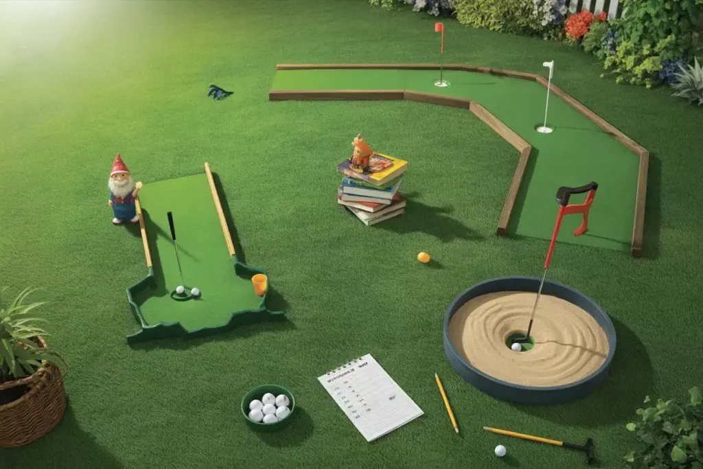 Overhead View Of Backyard Lawn With Multiple Putting Stations Straight Curved And With Obstacles And Sand Trap
