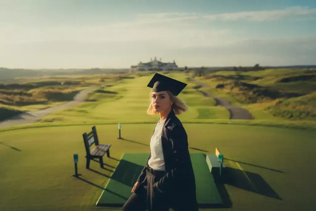 Tee Box Elegance Senior Portrait Graduate On Elevated Platform Overlooking Fairway And Clubhouse