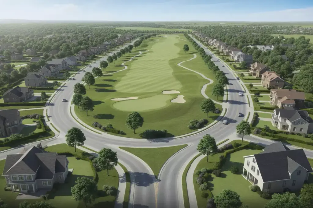 Curved Road With Homes Facing Manicured Golf Course Fairways