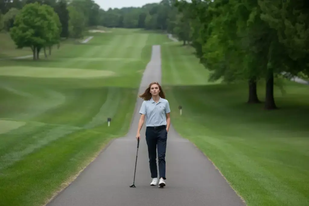 Fairway Pathways Senior Portrait Graduate Walking On Cart Path With Manicured Grass And Trees
