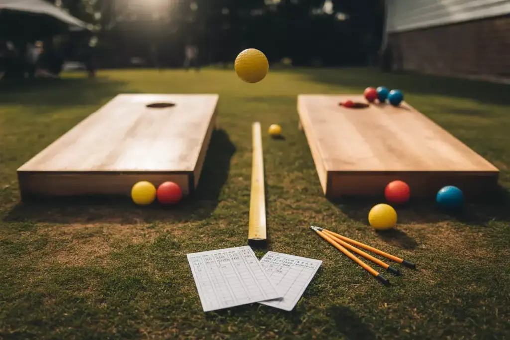 Ground Level Shot Of Golf Ball In Mid Air Towards Cornhole Board With Measuring Tape And Scattered Balls
