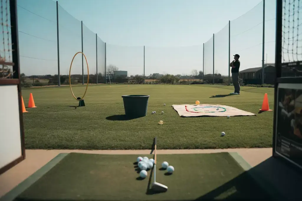 Wide Angle View From Hitting Area Showing Golf Wedge And Balls With Multiple Targets Bucket Hula Hoop And Towel At Varying Distances