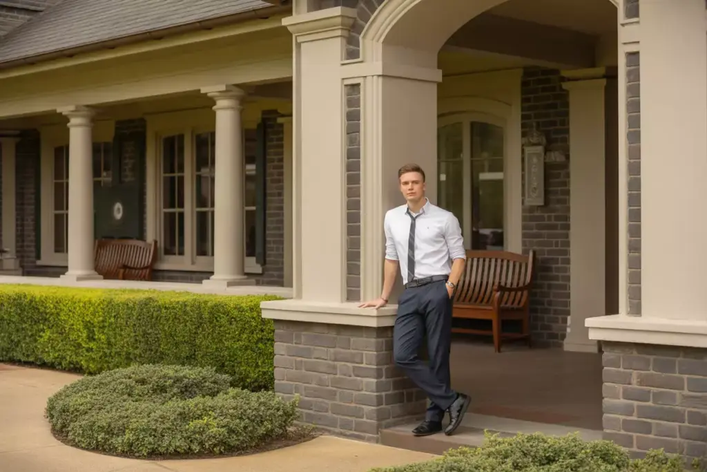 Clubhouse Architecture Senior Portrait Graduate Posed With Stone Columns And Landscaped Porch