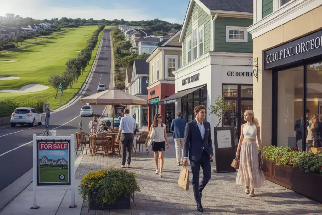 Thriving Commercial Corridor With Restaurants And Shops Alongside Road