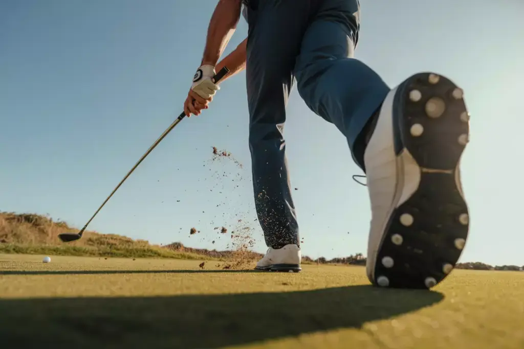 Golfer Driving Into Ground For Power During Downswing