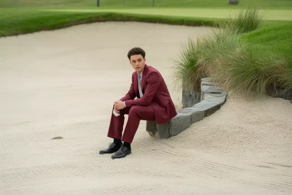 Sand Bunker Textures Senior Portrait Graduate At Edge Of Raked Sand With Stone Border