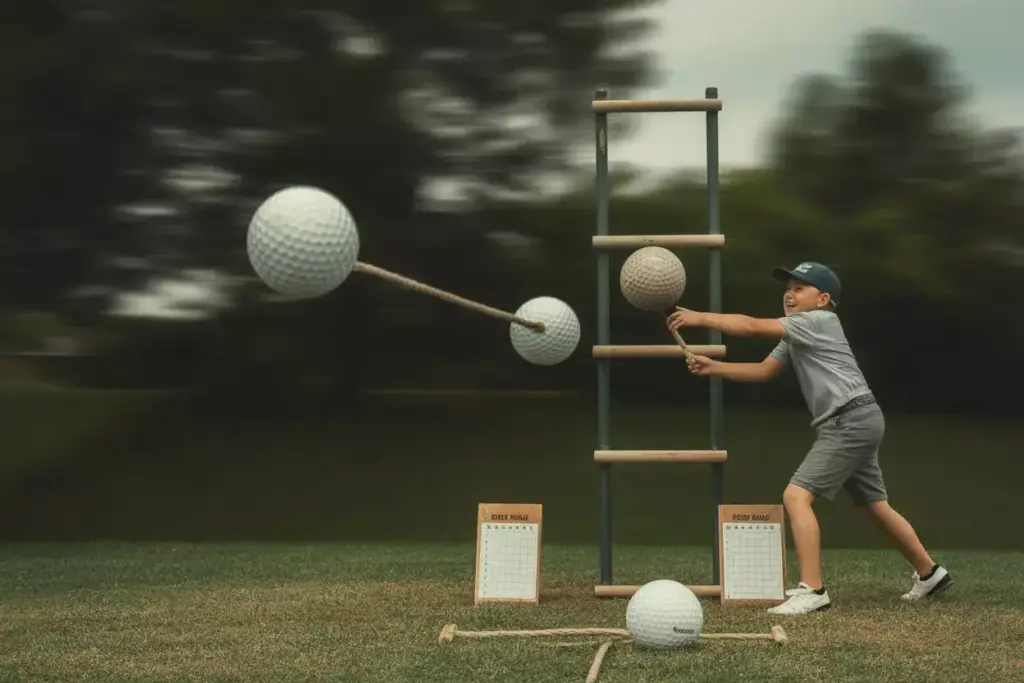 Side Profile Action Shot Of Golf Ball Bolas Mid Throw Towards Three Rung Ladder Ball Frame