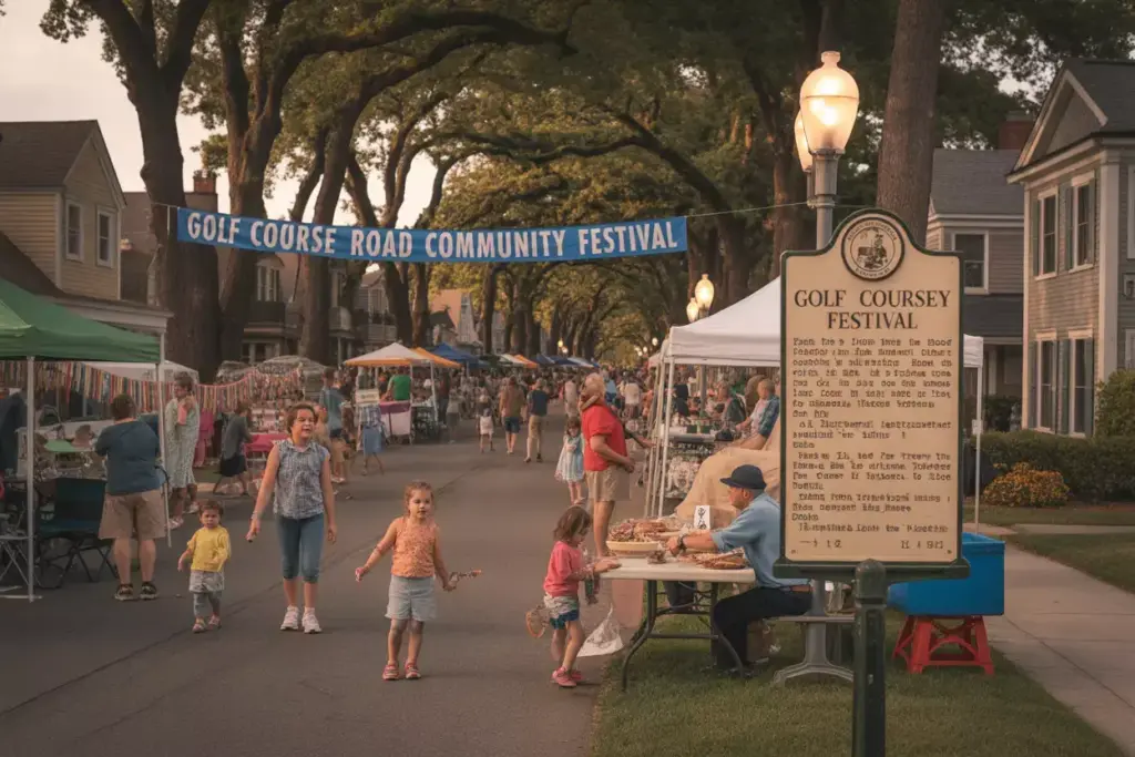 Community Street Festival On Residential Road With Historical Marker