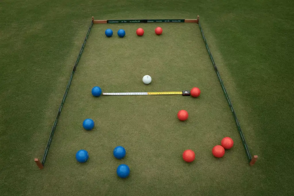 Overhead View Of Rectangular Grass Court With Colored Golf Balls Scattered Around A White Jack Ball And Measuring Tape