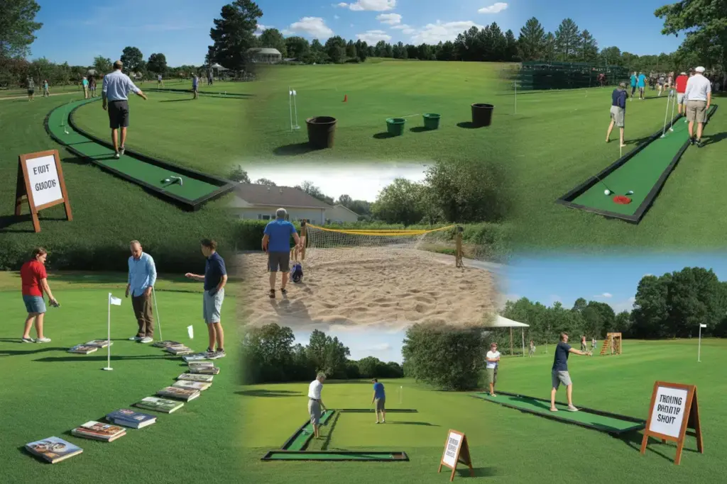 Panoramic View Of Backyard Obstacle Course With Putting Chipping Driving Sand And Trick Shot Stations And Small Groups