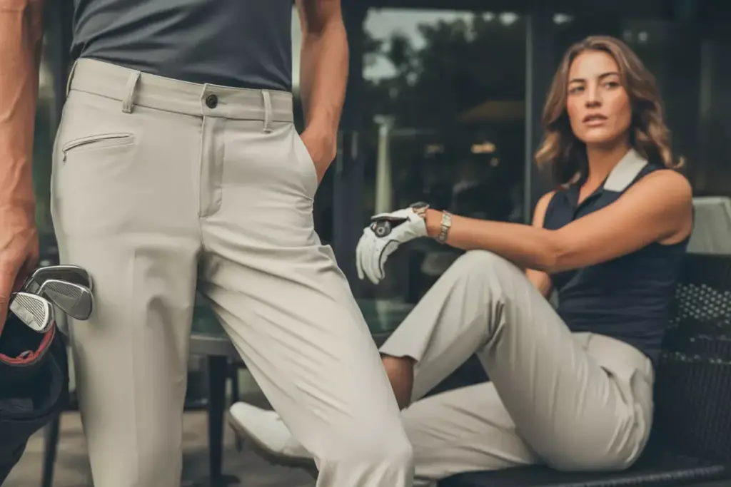 Lululemon Abc High Rise Golf Pants On Fashionable Golfer In Casual Clubhouse Setting Showing Versatile Style