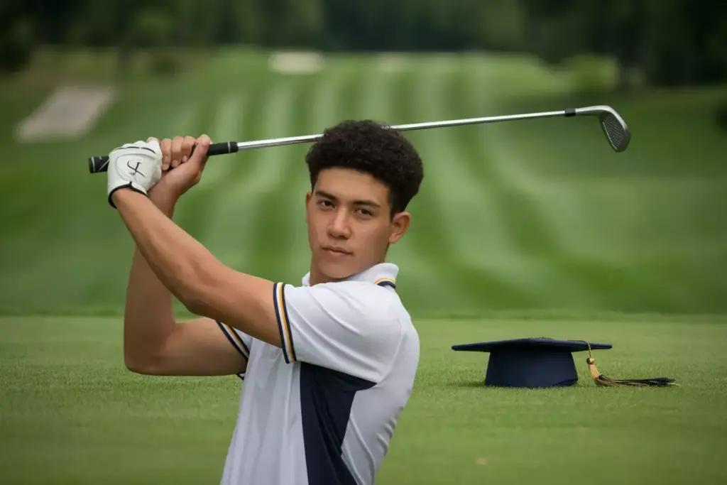 A High School Golfer In Perfect Address Stance With A Graduation Cap On A Manicured Fairway