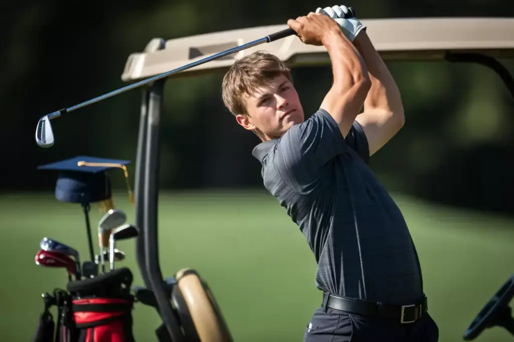 A Golfer Frozen Mid Swing With A Graduation Diploma On A Bench In The Background