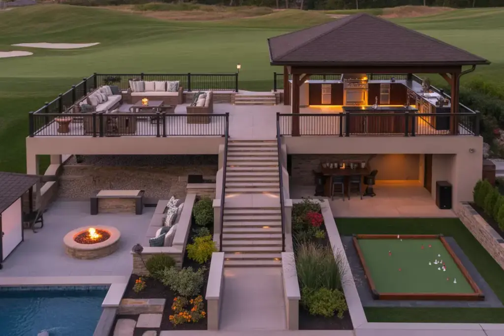 Multi Level Backyard With Covered Pavilion Outdoor Kitchen And Sunken Fire Pit Overlooking Golf Course