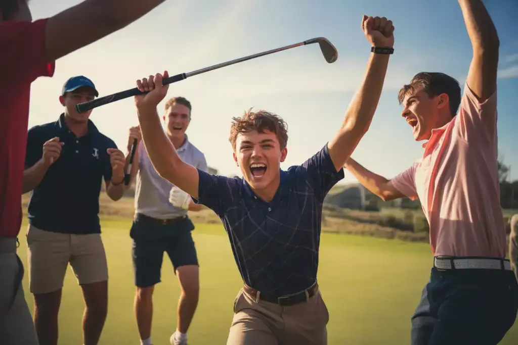 A Jubilant Student Athlete Celebrating With A Raised Golf Club On A Putting Green