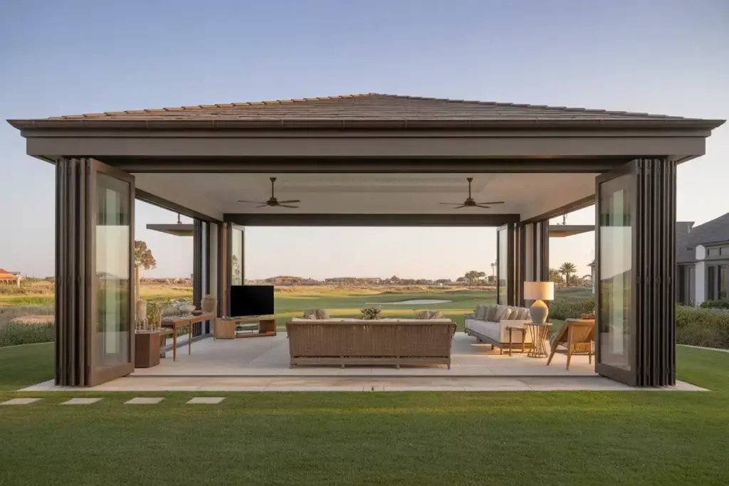 Glass Enclosed Outdoor Living Room With Retractable Walls And Unobstructed Golf Course View