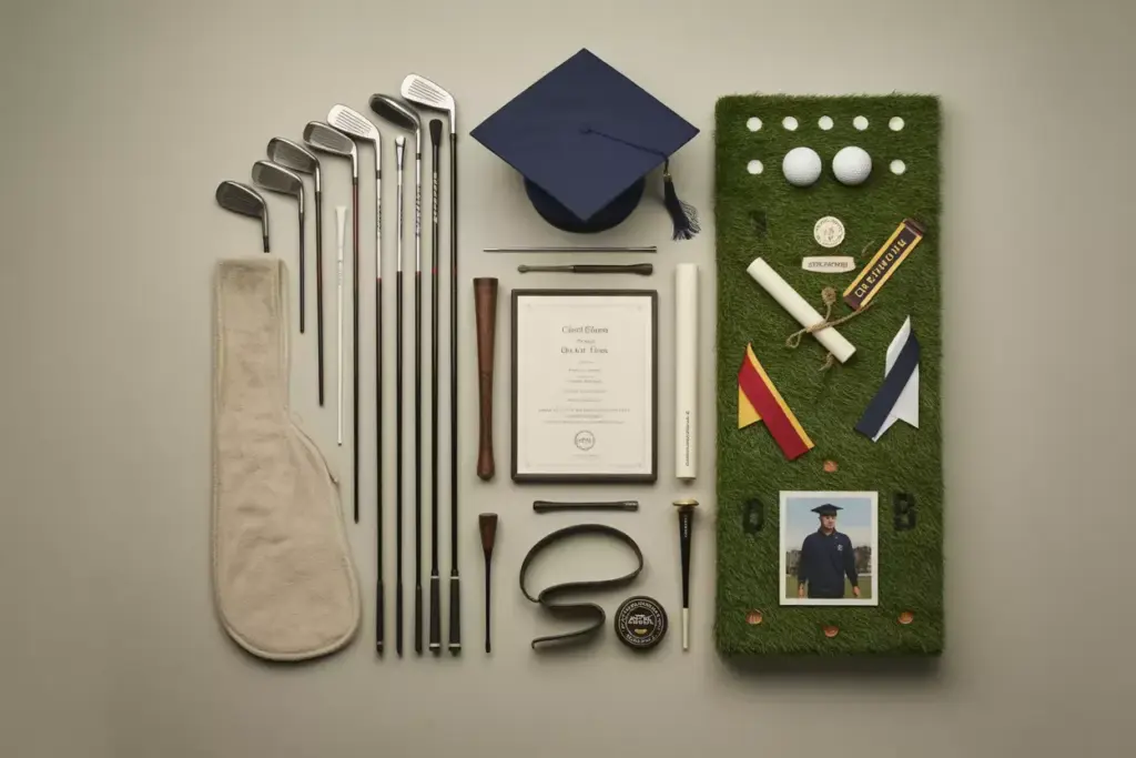 A Flat Lay Of Golf Clubs Balls And A Cap With A Graduation Cap And Diploma