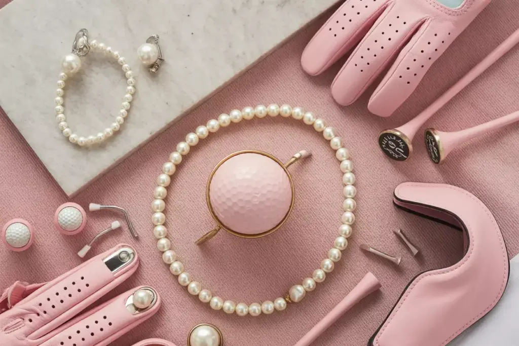 Flat Lay Of Pearl Jewelry And Pink Leather Golf Accessories