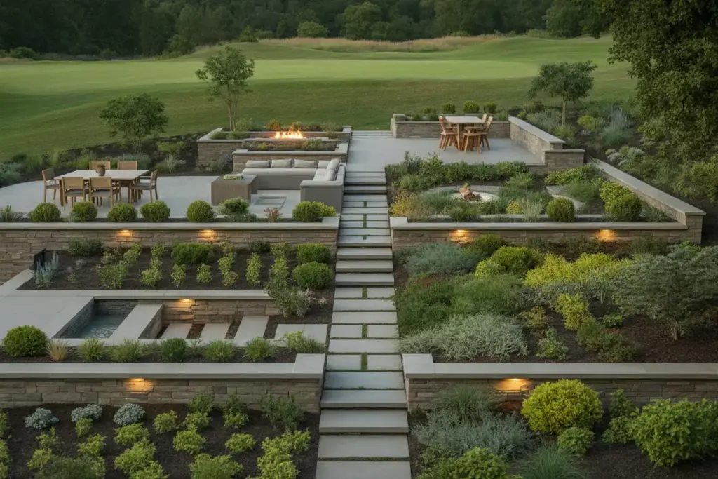 Terraced Garden Amphitheater With Stone Retaining Walls And Descending Levels Towards Golf Course
