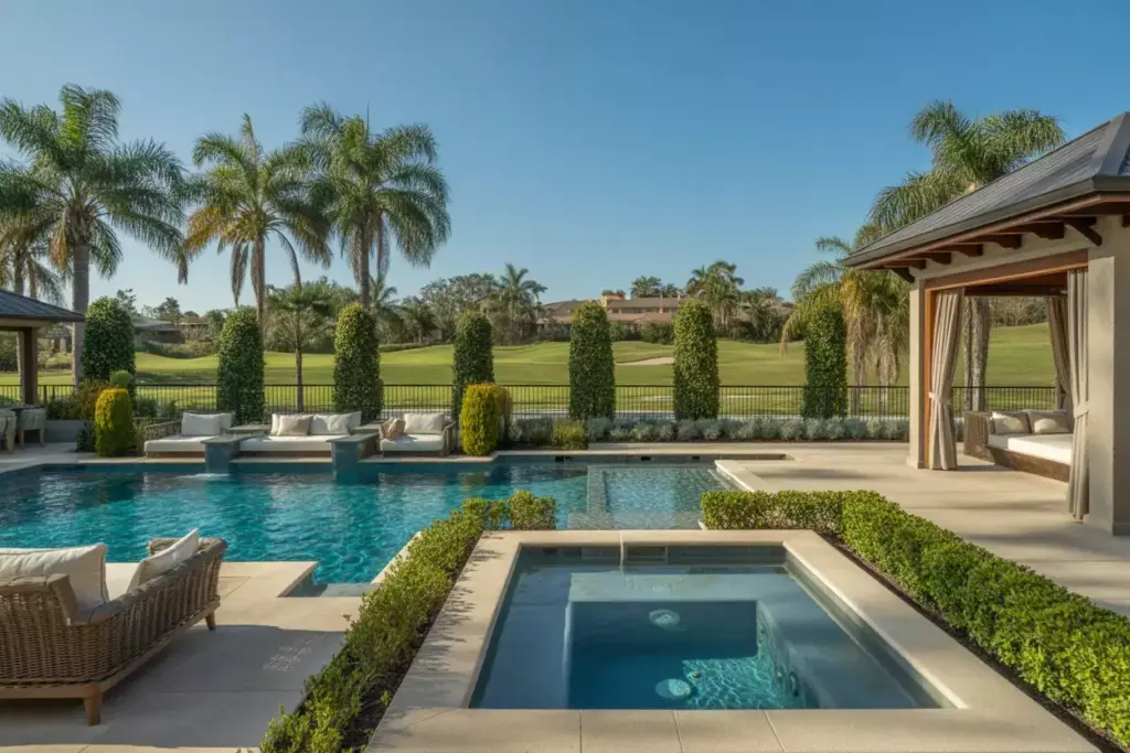 Resort Style Pool With Swim Up Bar Cabanas And Strategic Landscaping Overlooking Golf Course