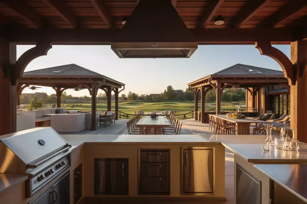 Outdoor Kitchen Island With Dining Zones And Adjustable Shade Structures Overlooking Fairways