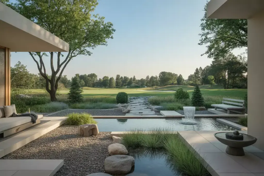 Zen Garden With Reflecting Pool Waterfall And Stone Benches In Minimalist Setting Overlooking Course