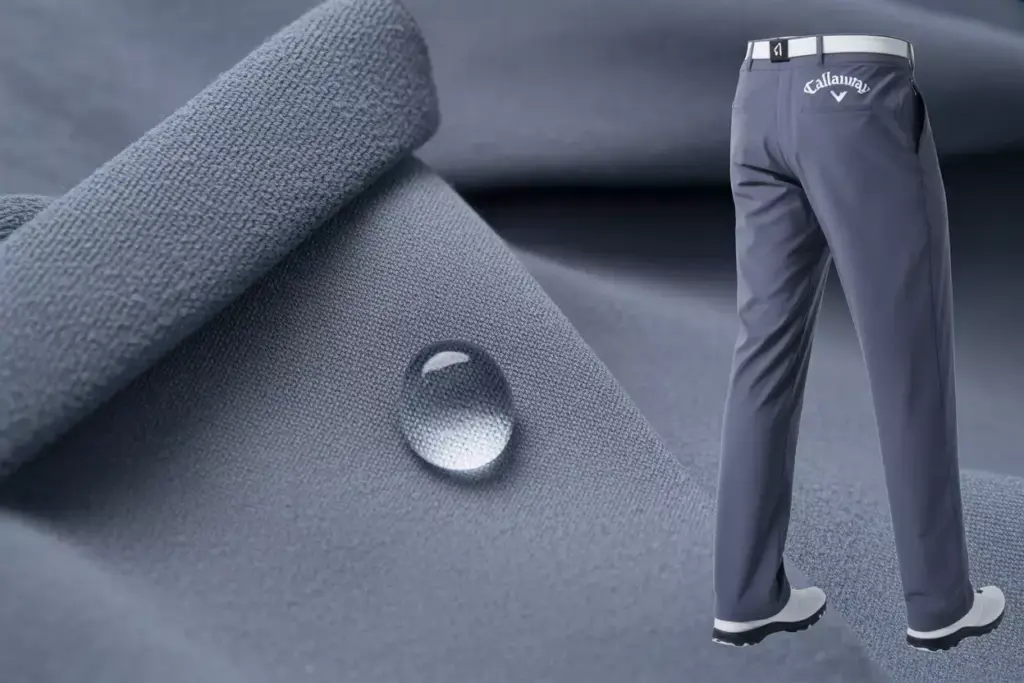 Callaway Opti Dri Stretch Golf Pants Fabric Close Up With Water Droplet Beading Demonstrating Moisture Wicking