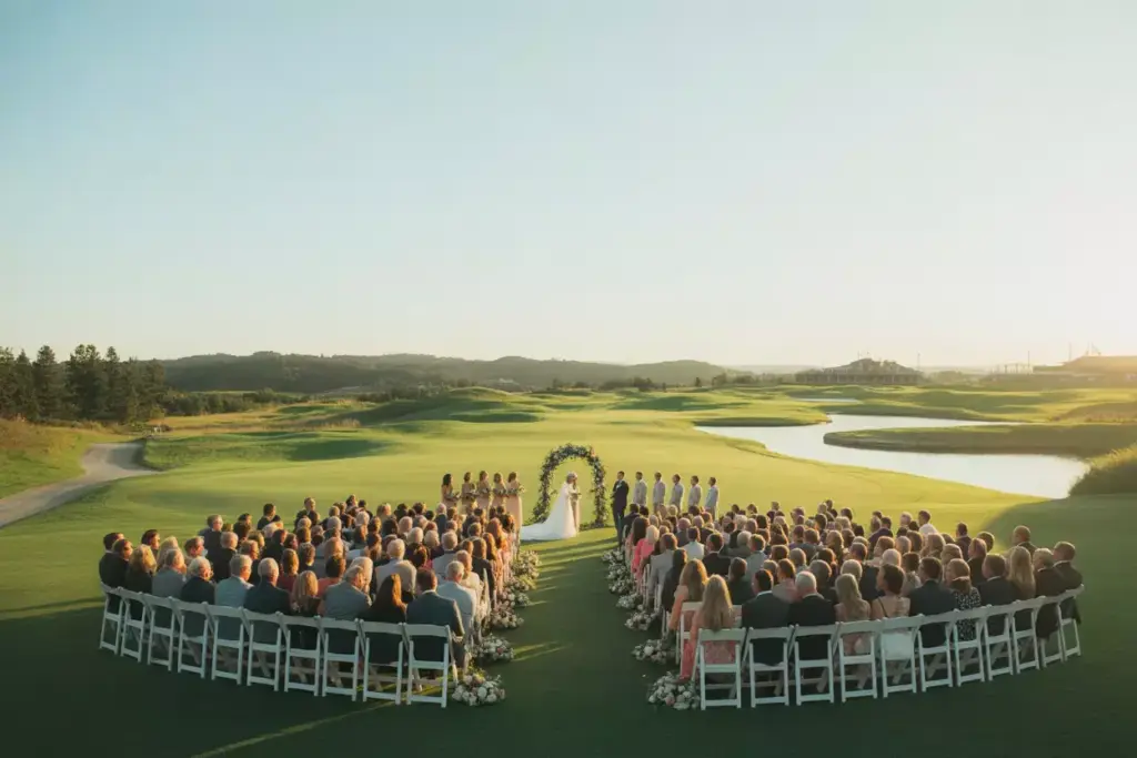 Fairway Wedding Ceremony With Panoramic Views Of Rolling Hills And Water Features