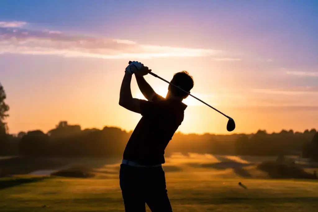 Golfer Silhouette Against Vibrant Sunset Sky During Golden Hour On Quiet Course
