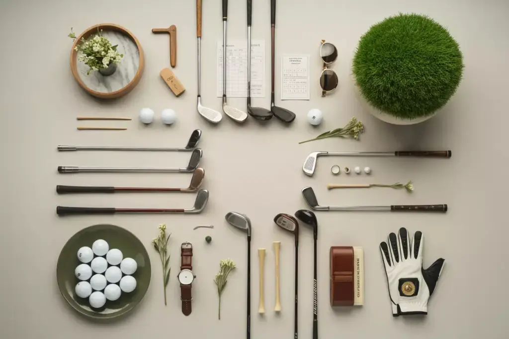 Aesthetic Overhead Flat Lay Of Premium Golf Balls Clubs And Luxury Accessories On Marble