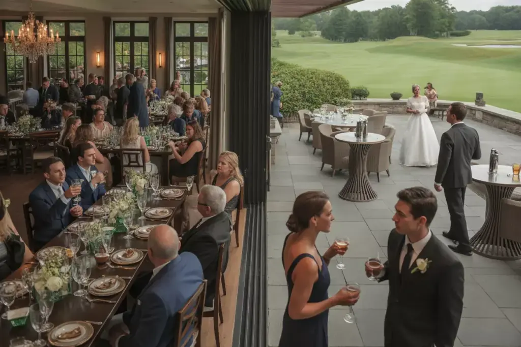 Elegant Clubhouse Reception With Outdoor Patio Extension Overlooking Golf Course