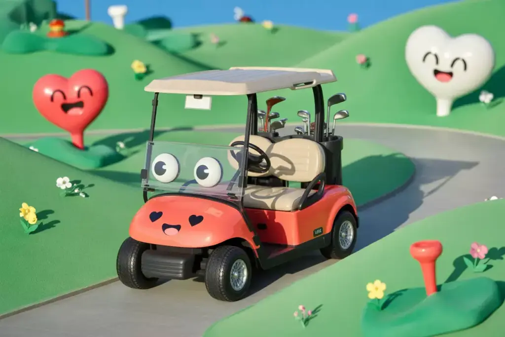 Kawaii Coral Pink Golf Cart Smiling Hills Hearts Flowers