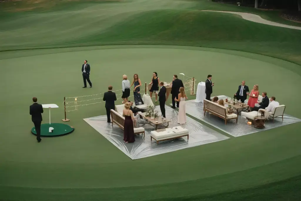 Cocktail Reception On Manicured Putting Green With Elegant Furniture And Lights