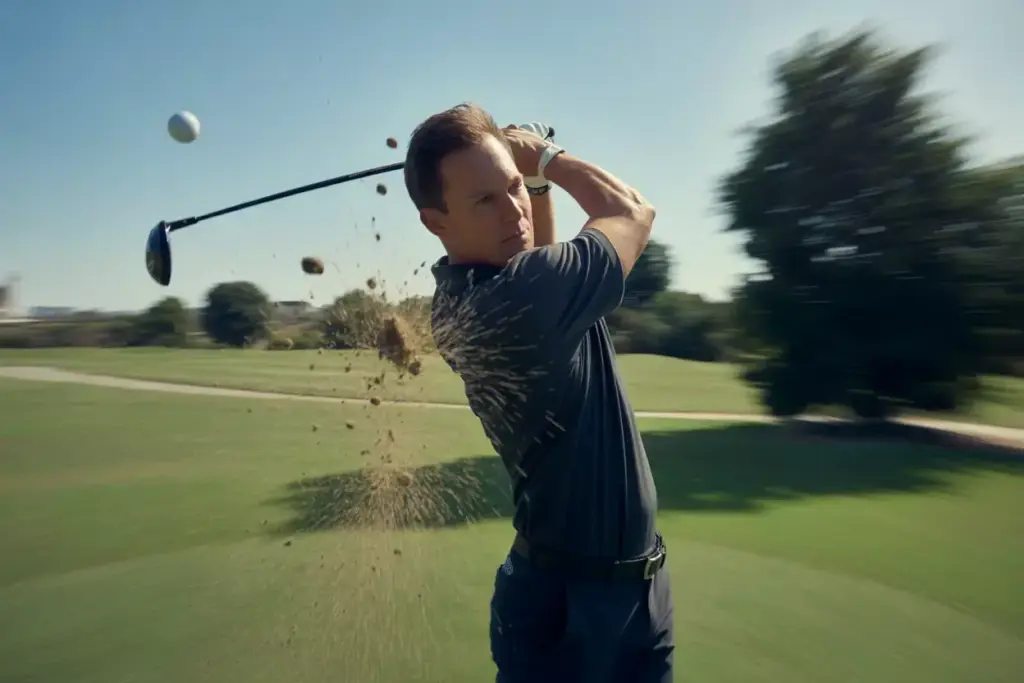 Golfer In Mid Swing With Motion Blur On Club And Ball Side Profile Action Shot