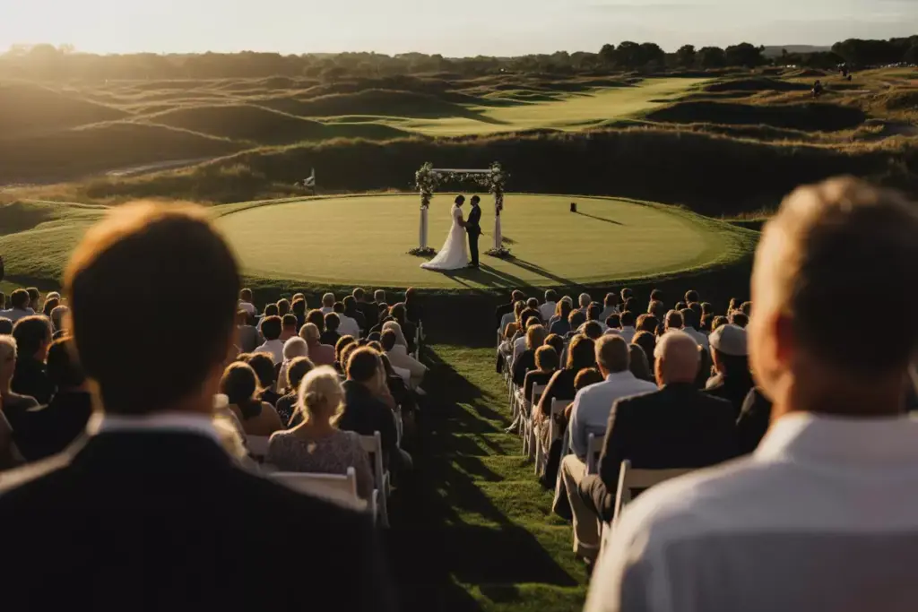 Intimate Wedding Ceremony On Elevated Tee Box With Panoramic Golf Course Backdrop