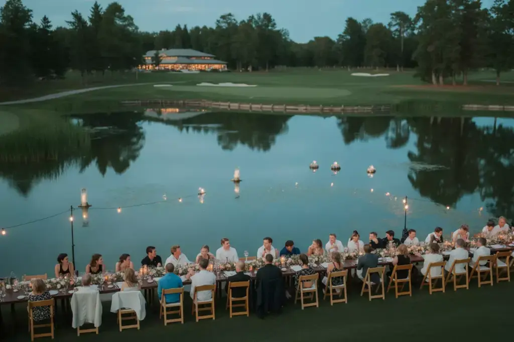 Evening Reception Tables Along Pond With Floating Candles And Reflected Lights