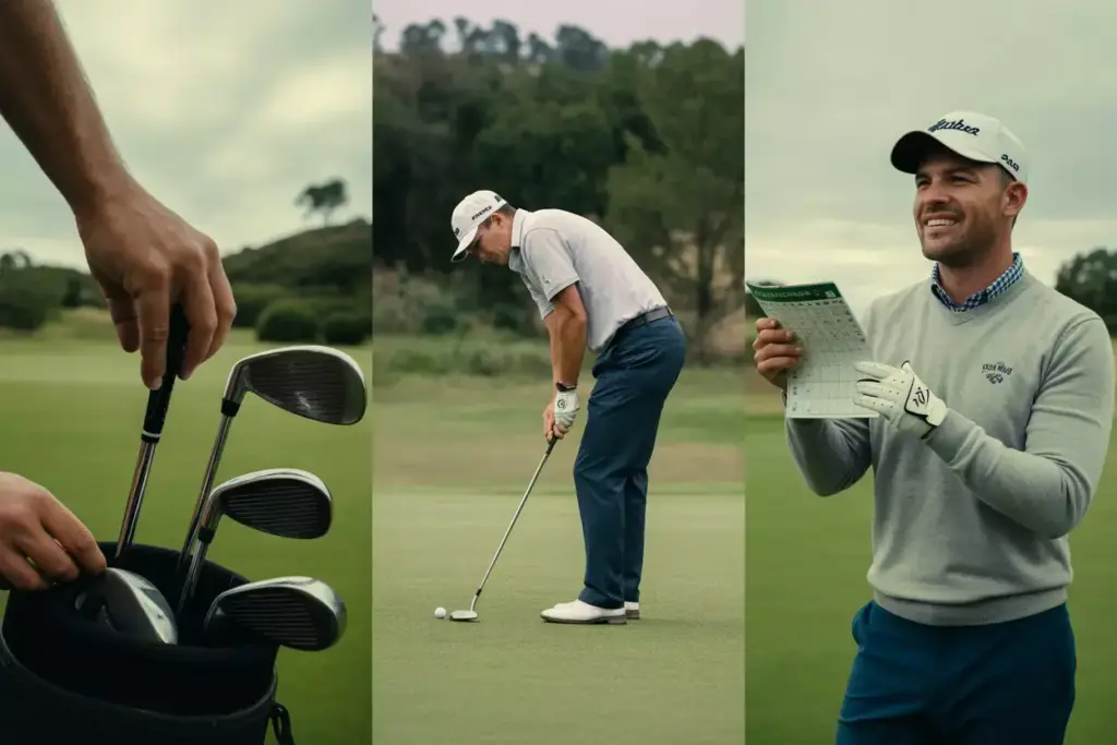 Three Image Sequence Of Golfer Preparing Taking Putt And Celebrating With Scorecard