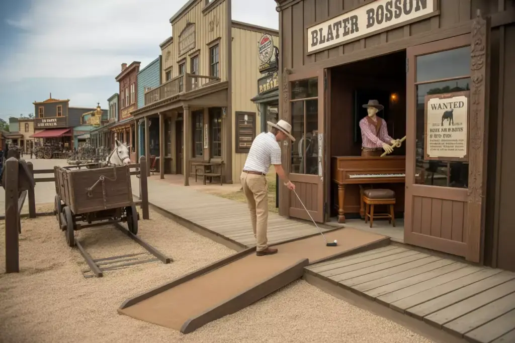 Wild West Frontier Golf Saloon With Swinging Doors And Piano Player