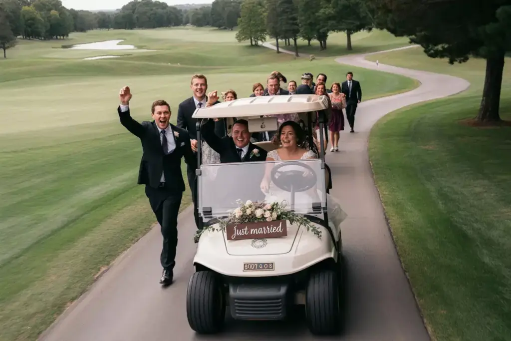 Decorated Golf Cart Carrying Bride And Groom On Scenic Cart Path Processional